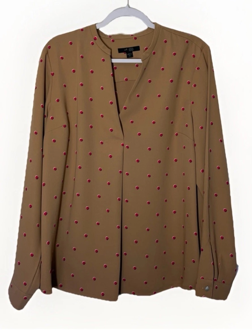J Jill Wearever Pleated Popover Blouse Top Polka Dot Long Sleeve Size L T Career